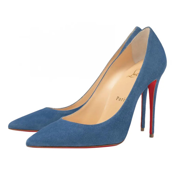 Christian Louboutin Kate 100 LAC Blue Suede Pointed Toe Classic Heel Pump 38.5